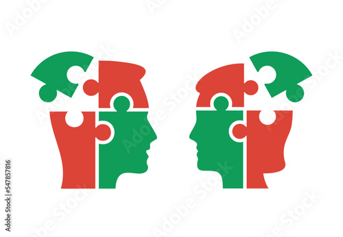 Head of man and woman from puzzle pieces. Vector icon.