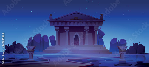 Ancient temple building night landscape. Antique architecture with columns and paved path at water pond under dark starry sky. Medieval Roman or Greek historical landmark, Cartoon vector illustration