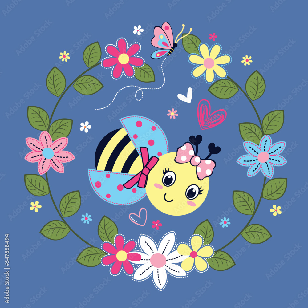 cute bee vector on beautiful flower background