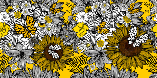 Yellow black and white flowers seamless background graphic. Vector illustration. Hand drawn fabric, gift wrap, wall art design.
