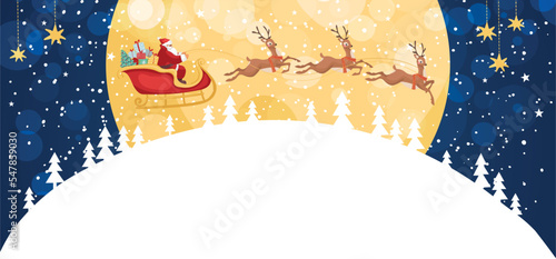 Christmas banner with Santa Claus flying sleigh, vector flat cartoon illustration, new year design with copy space, winter decorated background for text.