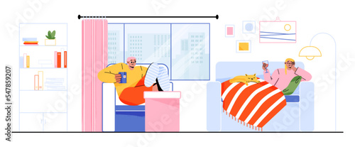 Happy people relax with drinks at home. Living room interior with man with tea cup in chair and woman with wine glass, blanket and cat on couch, vector flat illustration