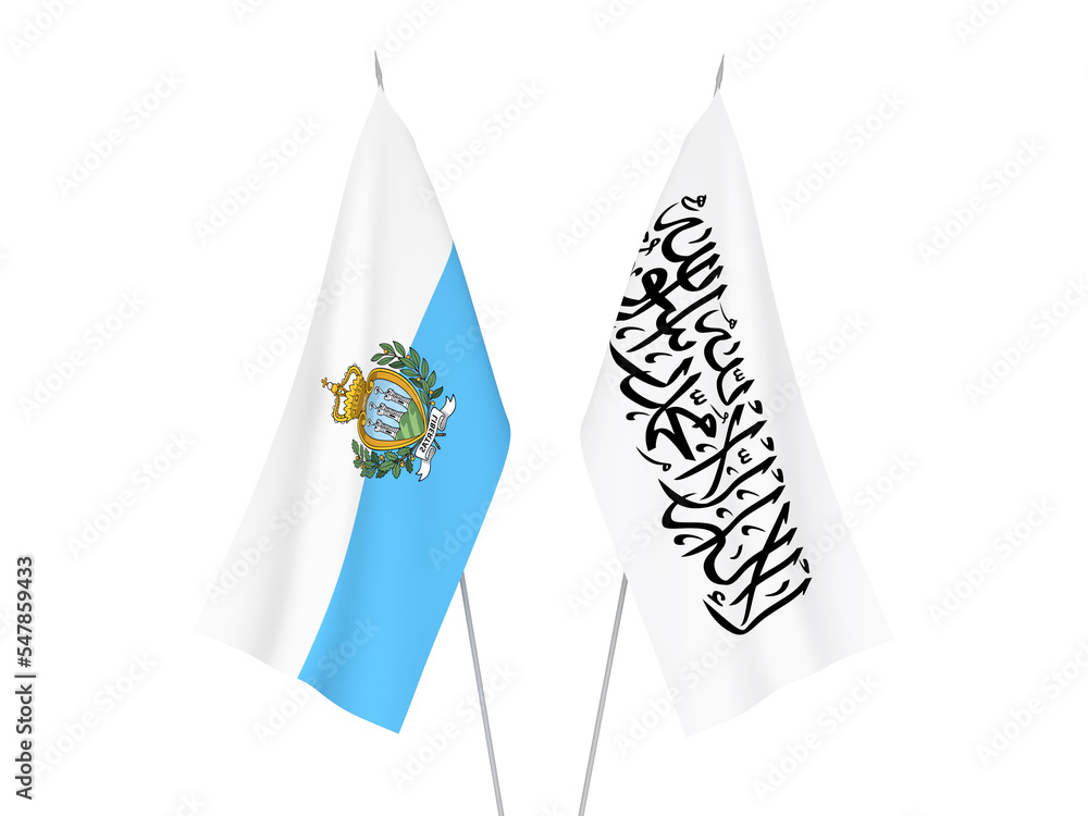 National fabric flags of San Marino and Taliban isolated on white background. 3d rendering illustration. National fabric flags of San Marino and Taliban isolated on white background. 3d rendering illustration.