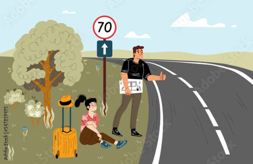 Tourists hitchhikers on car road. Couple travel together and hitchhiking. Summer landscape with highway and people on roadside with suitcase, vector hand drawn illustration