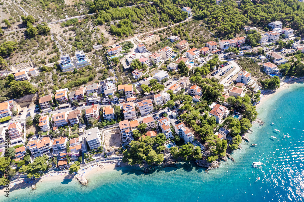 Aerial view of the city of Baska Voda in the summer, Croatia
