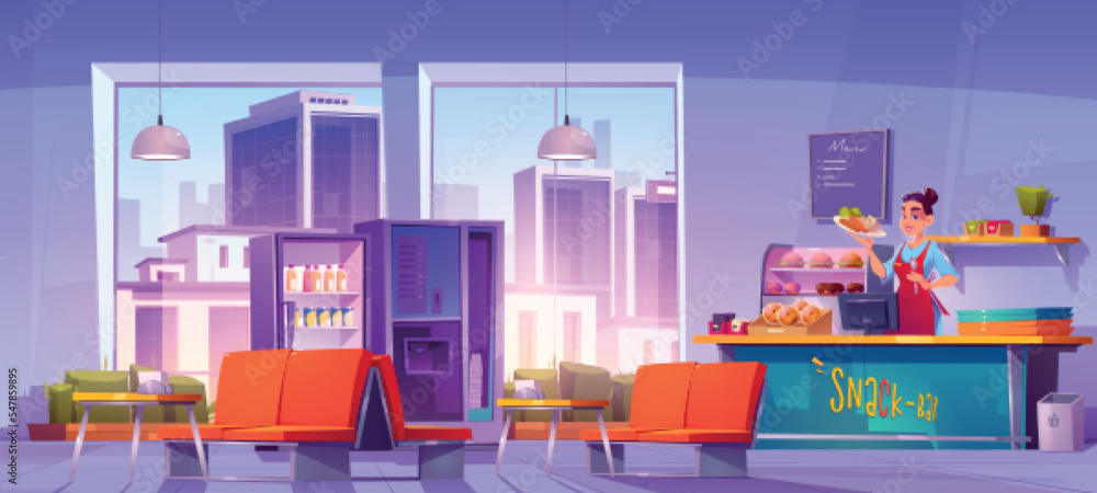 Fototapeta premium Cafe interior with city view. Fast food canteen, dining room with saleswoman at counter desk with trays, meals and drinks, tables with chairs, vending machines with snacks, Cartoon vector illustration