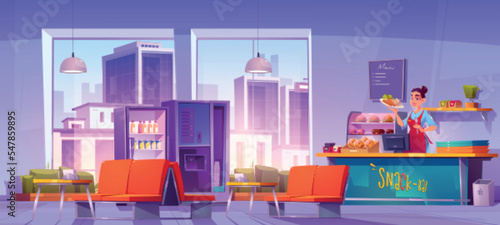 Cafe interior with city view. Fast food canteen, dining room with saleswoman at counter desk with trays, meals and drinks, tables with chairs, vending machines with snacks, Cartoon vector illustration © klyaksun