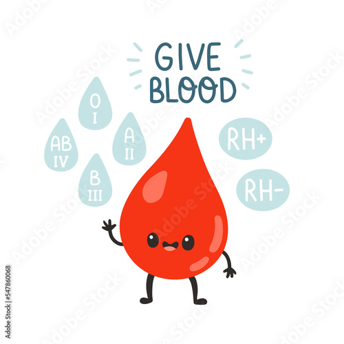 Blood donor, cute blood drop and lettering. Hand drawn Vector illustrations. Donate Blood, Health Care Concept