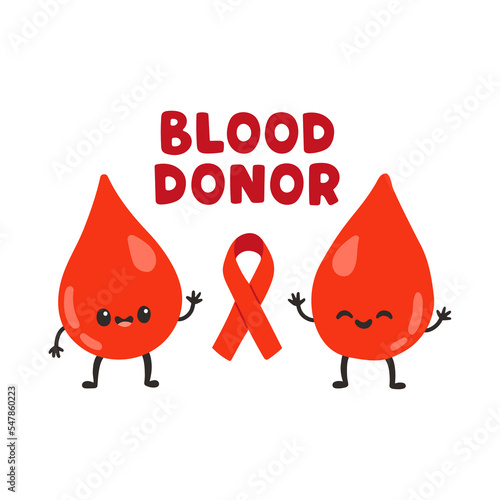 Blood donor, cute blood drops and red ribbon. Hand drawn Vector illustrations. Donate Blood, Health Care Concept
