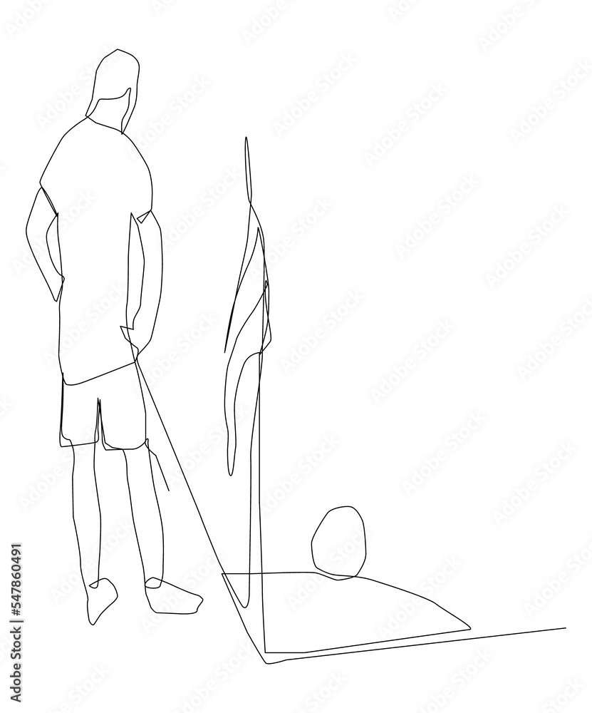 A corner kick in football. One line art. Continuous line drawing of football on a white background.