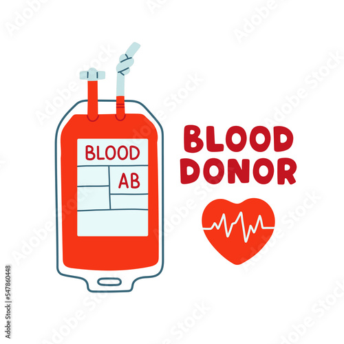 Blood donor, blood bag, hearts, heart beat. Hand drawn Vector illustrations. Donate Blood, Health Care Concept
