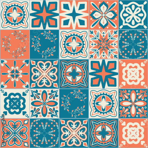 Square ceramic tiles in mediterranean style, orange blue pattern, symmetrical floral motif