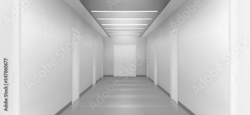 White empty corridor, 3d hospital, clinic or office hall with doors by sides perspective view. Modern ward, medical fascility, light room with lamps on ceiling, Realistic vector illustration, mock up