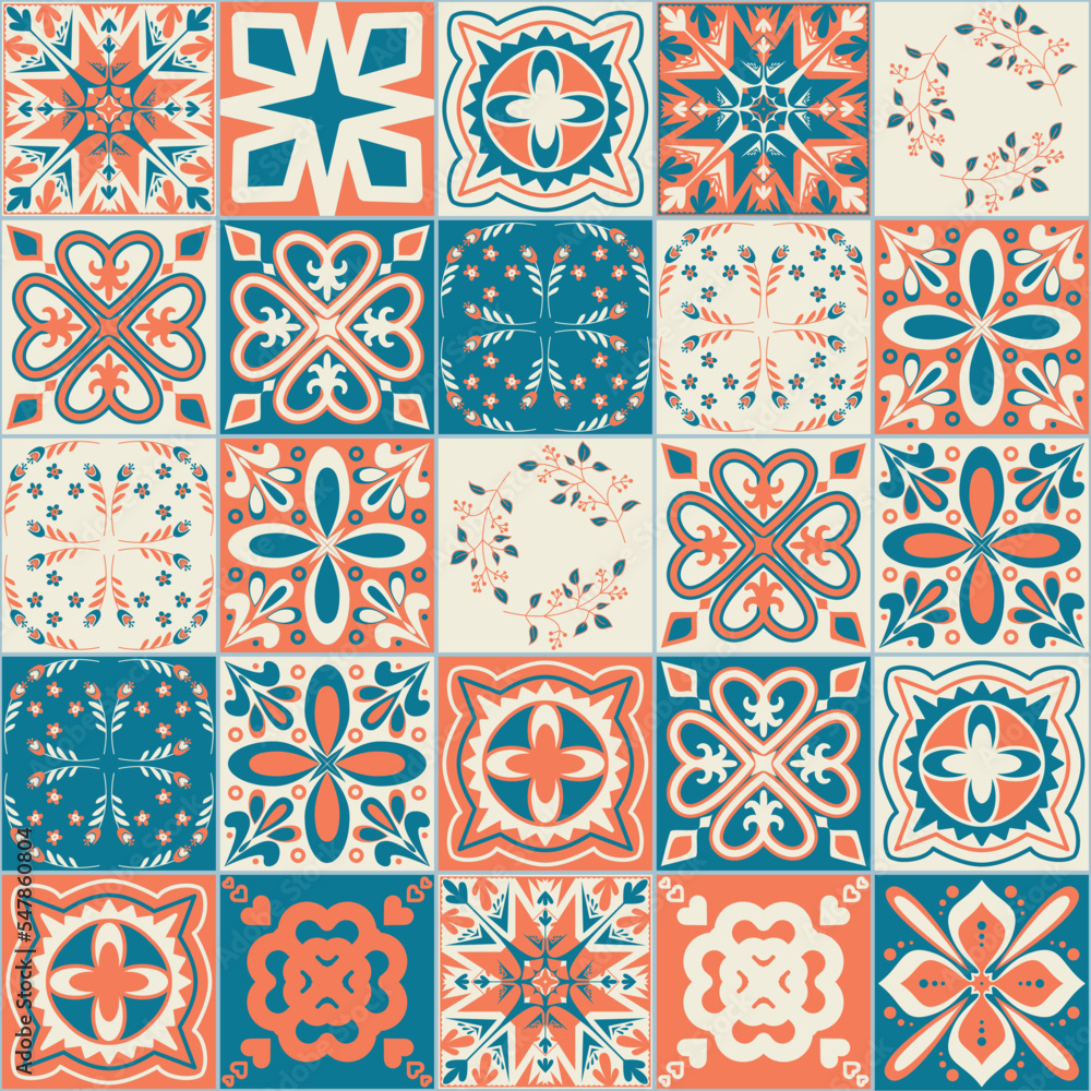 Square ceramic tiles in mediterranean style, orange blue pattern for design