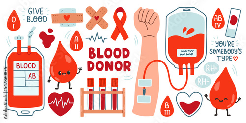 Blood donor stickers set, blood bag, hearts, cute blood drop, rh factor. Hand drawn vector illustration