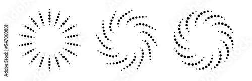 Dot radial circle lines. Circular radiating speed geometric lines. Sun star rays symbol. Abstract halftone striped design element. Motion lines. Vector illustration isolated on white background.