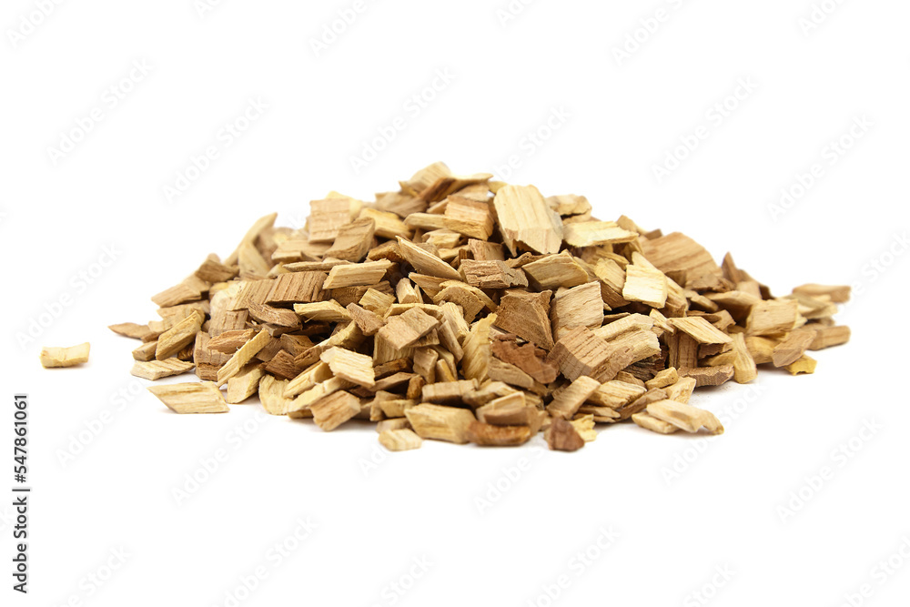 Wood chips for smocking isolated on white. Natural apricot wood smoking chunks