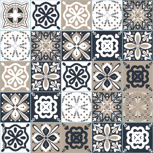 Azulejo spanish style ceramic tile design, graphite beige neutral color background for interior design, seamless pattern