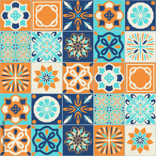 Square ceramic tile design vector illustration in spanish portuguese style, seamless pattern decorative background