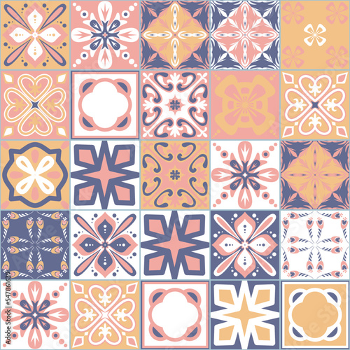 Azulejo ceramic square tiles, spanish mediterranean style vector illustration for interior design