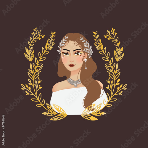 
Beauty and wise Goddess or Princess Illustration with elegant silver 
crown and luxurious gold leaf perfect for beauty brand, woman apparel
 mascot, highend brand, cosmetic. and fashion
