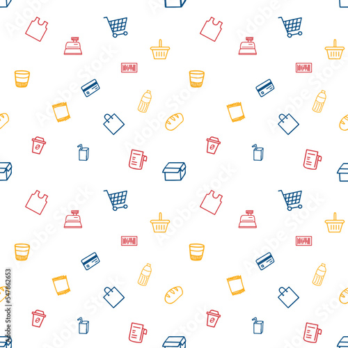 Grocery shopping bag, cart, cashier, food and drink icon seamless pattern design 
in primary color red blue yellow