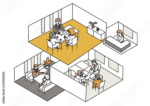 上から見た会社内のイラスト　快適なオフィスで働く人々
