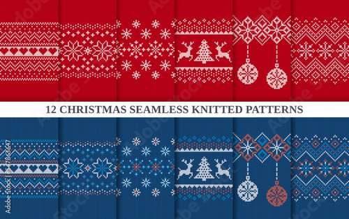 Set of 12 Christmas seamless patterns. Knitted sweater red and blue textures big collection. Set Xmas winter background. Knit holiday fair isle prints. Traditional ornament. Vector illustration