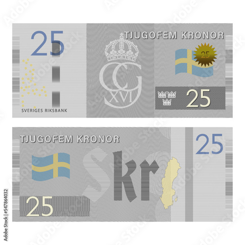 Vector gaming Scandinavian banknote. Inscriptions in Swedish mean twenty five crowns and the Swedish national bank. Obverse and reverse banknotes, flag, symbols and guilloche patterns