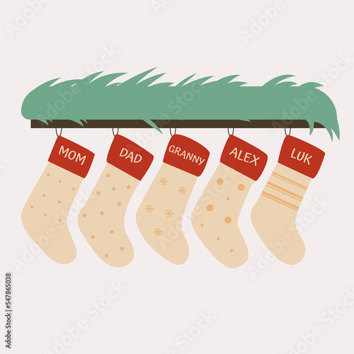Christmas stockings hanging vector. Colorful sock for winter holiday. Home decoration, palce for present. Merry Christmas. Cute christmas socks illustration vector.