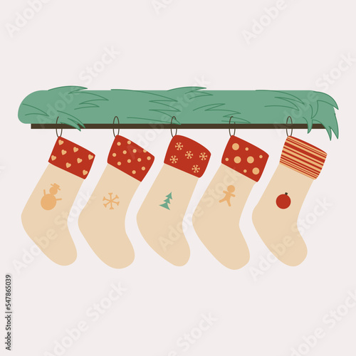 Christmas stockings hanging vector. Colorful sock for winter holiday. Home decoration, palce for present. Merry Christmas. Cute christmas socks illustration vector.