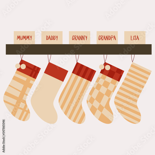 Christmas stockings hanging vector. Colorful sock for winter holiday. Home decoration, palce for present. Merry Christmas. Cute christmas socks illustration vector.