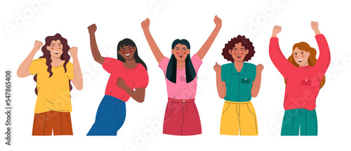 A group of joyful women of different. They raise their hands and rejoice. Vector illustration flat style