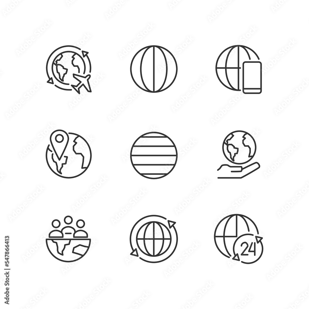 Globalization pixel perfect linear icons set. World networks. International relationships. Globe connections. Customizable thin line symbols. Isolated vector outline illustrations. Editable stroke