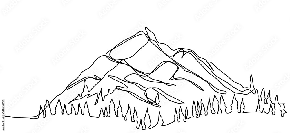 Mountain landscape illustration. One line art. Continuous line drawing of mountain on a white background.