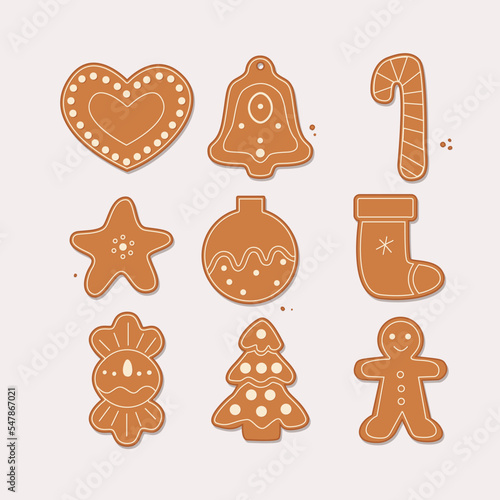Cartoon Christmas Cookies Icon Set Holiday Concept Element Flat Design Style Include of Star and Tree. illustration of Icons