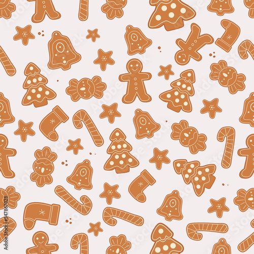 Gingerbread men, snowflakes and Christmas trees seamless pattern. Christmas or New Year background. Festive baked, cute design.