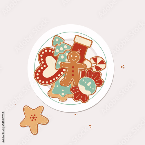 Cartoon Christmas Cookies Icon Set Holiday Concept Element Flat Design Style Include of Star and Tree. illustration of Icons
