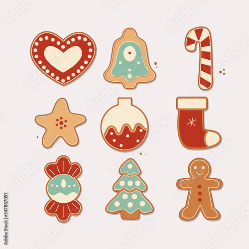 Cartoon Christmas Cookies Icon Set Holiday Concept Element Flat Design Style Include of Star and Tree. illustration of Icons