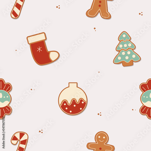 Gingerbread men, snowflakes and Christmas trees seamless pattern. Christmas or New Year background. Festive baked, cute design.