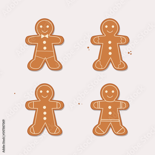 Gingerbread man collection. Christmas icon. Holiday winter symbols. Festive treats. New year cookies, sweets. Vector illustration.