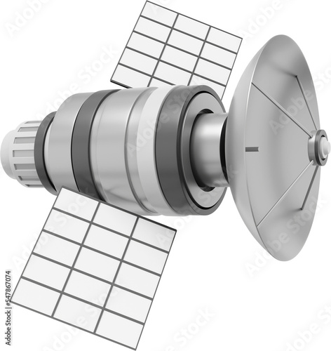 Fototapeta Naklejka Na Ścianę i Meble -  Space satellite with an antenna. Orbital communication station intelligence, research. 3D rendering. Metallic PNG icon on transparent background.