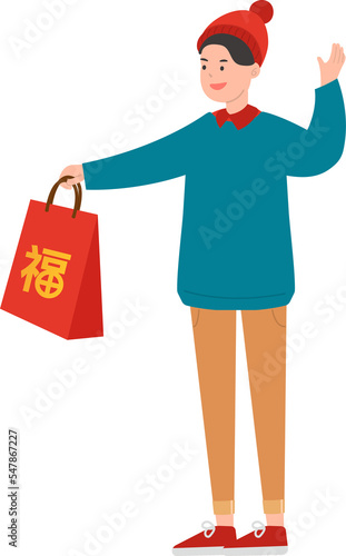Male with Chinese New Year with red bag, Asian festival