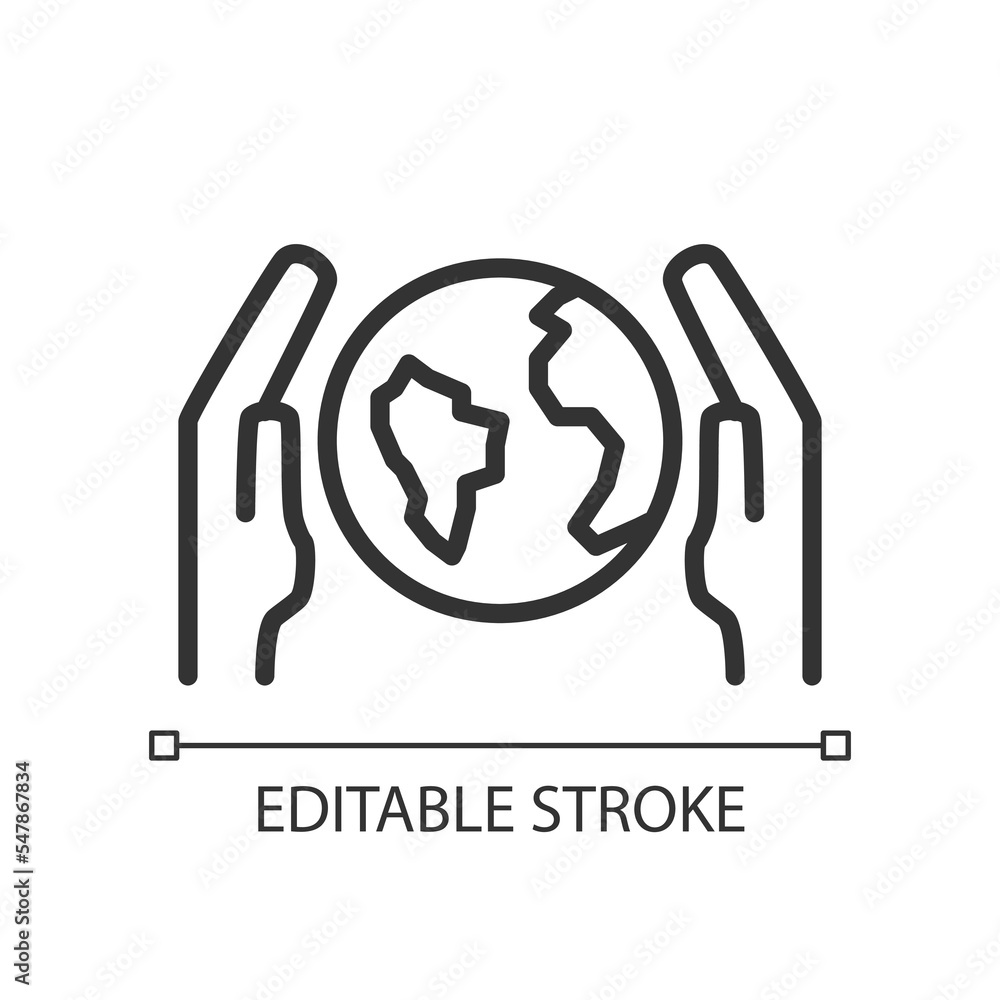 Save Earth pixel perfect linear icon. Planet protection. Sustainable world. Eco-friendly society. Thin line illustration. Contour symbol. Vector outline drawing. Editable stroke. Arial font used Save Earth pixel perfect linear icon. Planet protection. Sustainable world. Eco-friendly society. Thin line illustration. Contour symbol. Vector outline drawing. Editable stroke. Arial font used