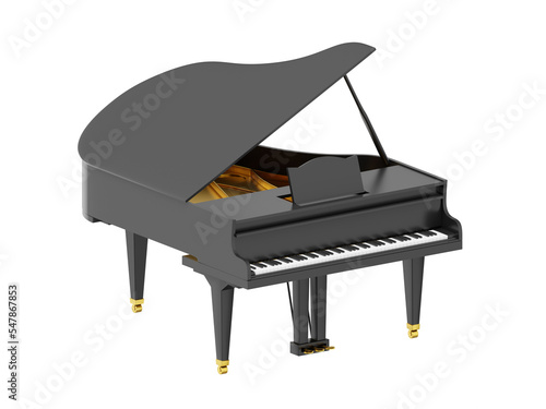 Realistic black grand piano, musical instrument. 3d rendering. Icon on white background.