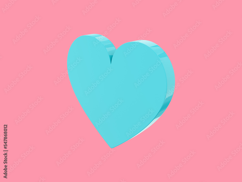 Flat heart. Symbol of love. Blue mono color. On a solid pink background. Right side view. 3d rendering.