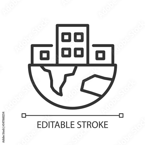 Global infrastructure pixel perfect linear icon. World urbanization process. City buildings. Thin line illustration. Contour symbol. Vector outline drawing. Editable stroke. Arial font used