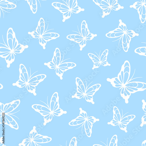 White lace butterflies on pastel blue background. Vector seamless pattern. Best for textile  print  wallpapers  and wedding decoration.