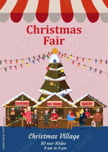 Christmas Fair poster. Xmas fair card with decorated Christmas tree