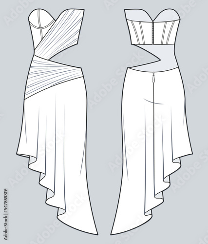 Asymmetric Draped Dress technical fashion illustration. Women's cutouts Dress fashion flat drawing template, A-line, draped detail, zip-up, front and back view, white, CAD mockup.